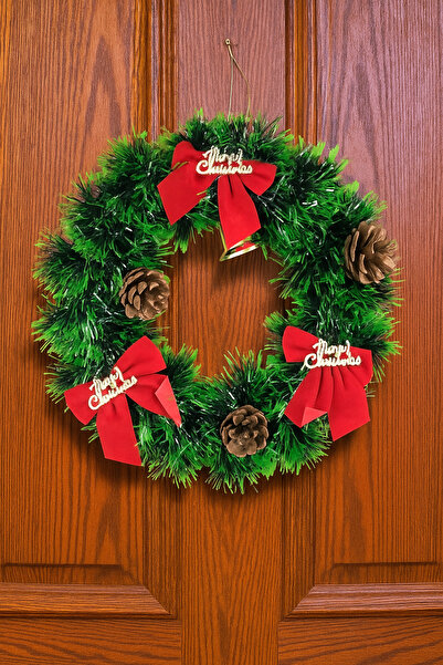 Coverzone 25cm Christmas Door Wreath with Red Ribbon – Christmas Wall Decor with Pine Cones Home Office Ornament
