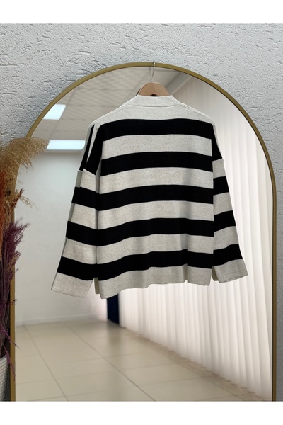 MİHRA STORE Gavmora Thick Striped Gold Buttoned Short Cardigan-Zi̇5188 Stone