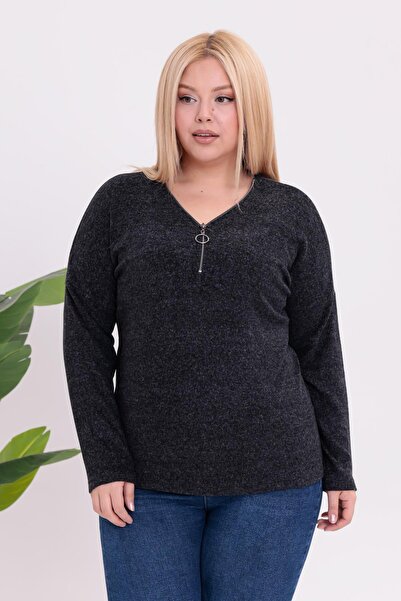 Siyezen Plus Size Zipper Detailed Sweater