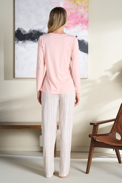 REMSA Women's Plus Size Combed Cotton Long Sleeve Pajama Set 3195 Powder