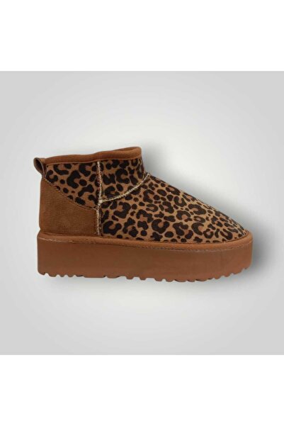 iskarpino Women's Tan Zebra Patterned Suede Short Ankle Thick Sole Fur Lined Boots