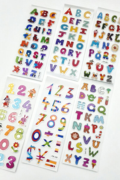 Bimotif 6 adet kabartmalı yapışkan sticker, renkli figürlü alfabe seti