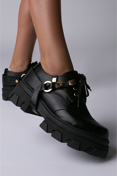 Vanilla Days Pantofi Dorian negri din piele texturată cu accesoriu auriu deta...
