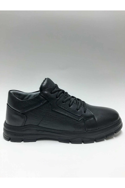 Pabuç Genuine Leather Lace-Up Daily Black Flexible Rubber Sole with Fur Insid...