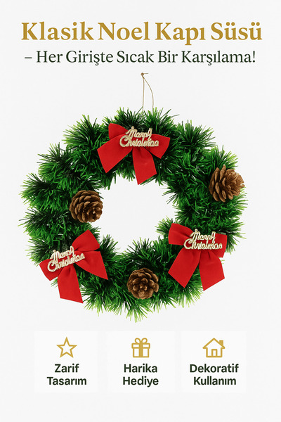 Coverzone 25cm Kırmızı Kurdeleli Yılbaşı Kapı Çelengi – Kozalaklı Noel Duvar ...