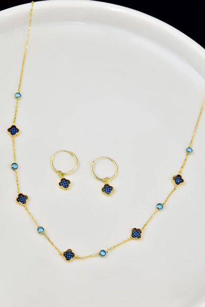 Flamingo 925 Ayar Gümüş Gold Kaplama Van Cleef Kolye Ve Küpe Set