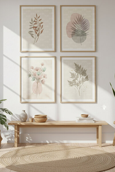 Tontilika Pastel Bitki ve Çiçekler Dekoratif 4’lü Ahşap Çerçeveli Tablo Seti ...