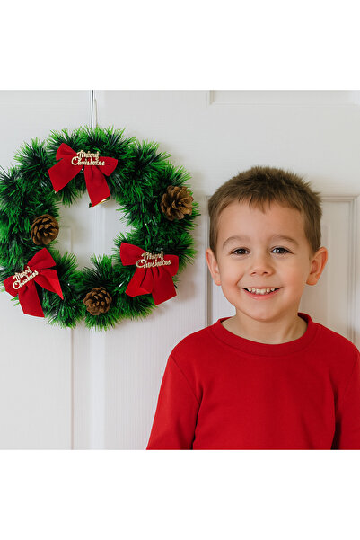 Coverzone 25cm Christmas Door Wreath with Red Ribbon – Christmas Wall Decor with Pine Cones Home Office Ornament