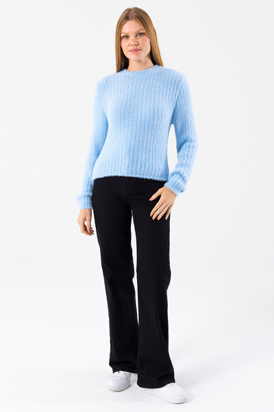 GİYSA Pulover de tricotat detaliat pentru femei guler rotund material reiat albastru - 25-567