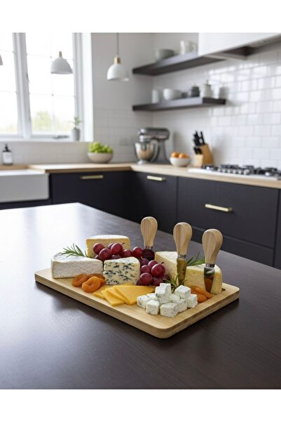 Buğra Home حامل تقديم الجبن، طبق تقديم من الخيزران وأدواته 4 قطع