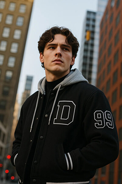 DAMGA JEANS معطف جينز أسود فضفاض بقلنسوة للرجال