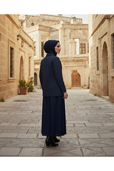 Ahi Navy Blue Striped Women's Jacket Skirt Set