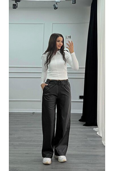 Daves Black Leather Trousers with Elastic Waistband Detail