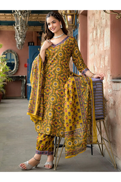 MYSMAR Mustard Yellow Viscose Cotton Salwar Kameez & Dupatta - ALV1215 | Mustard Yellow