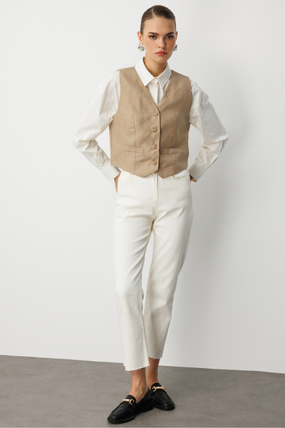 Mizalle Bej Rengi Saf Keten Yelek