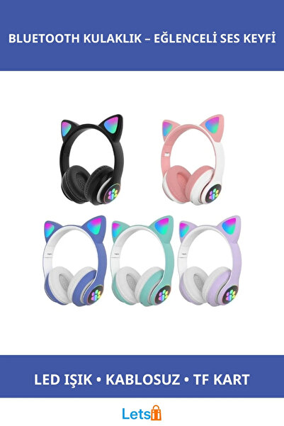 Letsii Kedi Figürlü Eğlenceli Bluetooth Kulaklık LED Işıklı