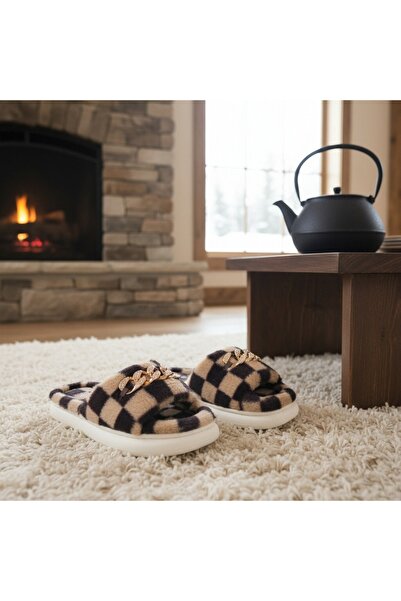 OEM Women's fluffy and relaxing open-toe slippers, checkered pattern, H15