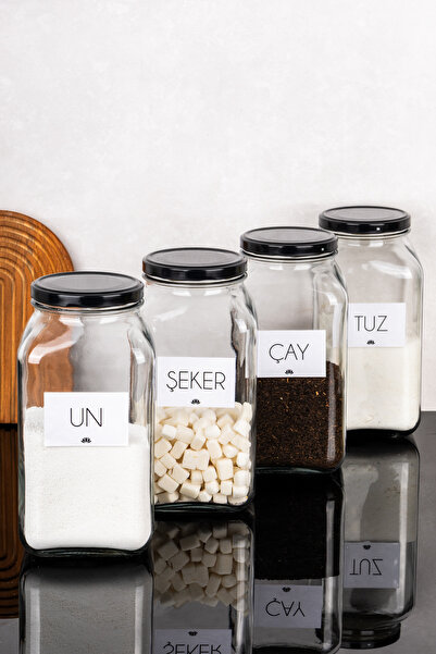 Dolkin Home 4-Piece 3-Liter Jar Set Tea Sugar Flour Salt Labeled 3000 ml Glass Jar Storage Set with Metal Lids