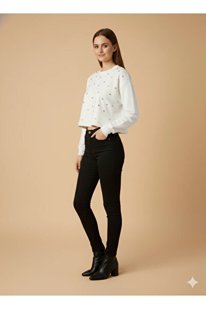 cemo Women Long Sleeve Short Sweater Rhinestone Detailed Crop Top Clothing