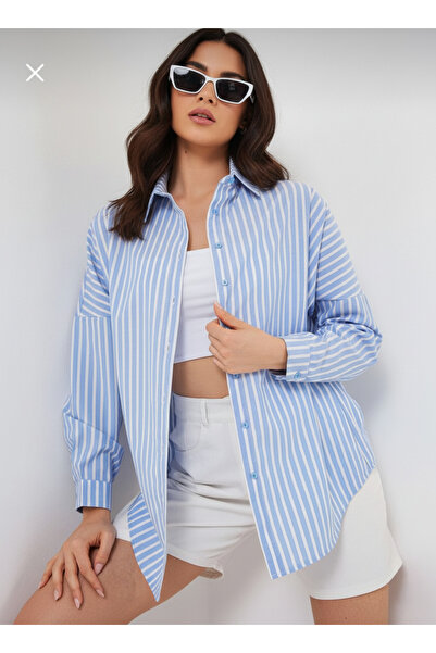 QETEENN Kadın Dikey Çizgili Oversize Gömlek