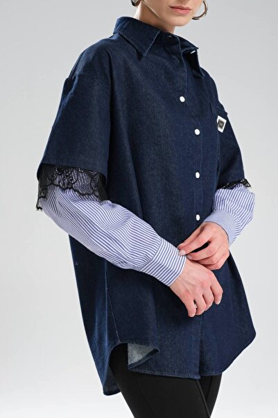 tw3 Cămașă de damă din denim cu mâneci din dantelă și țesătură poplin cu design detaliat