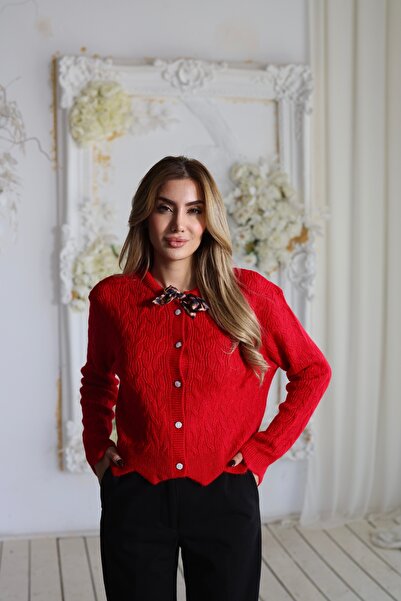 Butik İdl Fashion Leopar Fular Detaylı Kırmızı Hırka