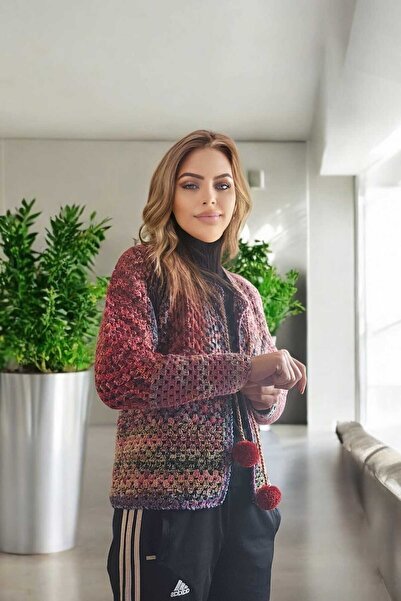 Örgü Sanatı DilekÇak El Örgüsü Patchwork Ömürlük Hırka, Ponpon Detaylı, Renk ...