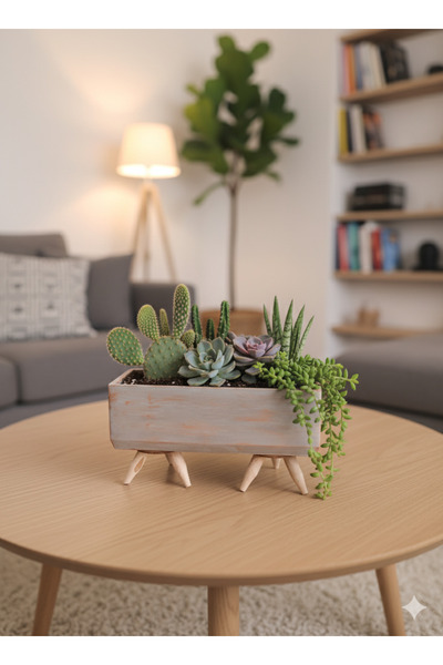 Alba Home Decor Ahşap Ayaklı Dekoratif Beton sukulent kaktüs saksı