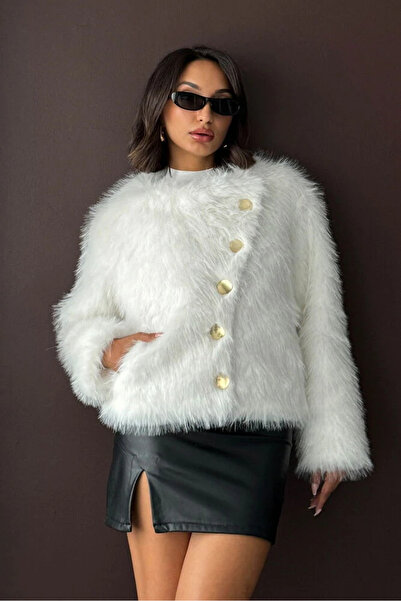 cemo Women's Vintage Plush Furry Crop Jacket Gold Buttoned Crew Neck Winter Stylish Coat