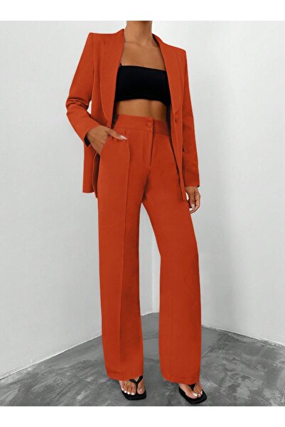 Papillon Tekstil سترة بليزر بزر واحد من Kiremit مع جيوب بنطلون واسع الأرجل بد...