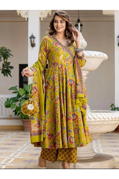 MYSMAR سالوار قميص ودوباتا من قطن الفيسكوز الأخضر - ALV2092 | أخضر