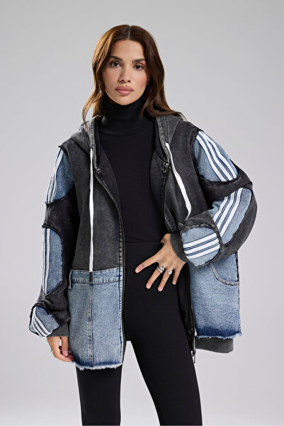 tw3 Jachetă de damă din denim lavabil cu cu secțiuni mâneci detaliu cu dungi supradimensionat cu glugă