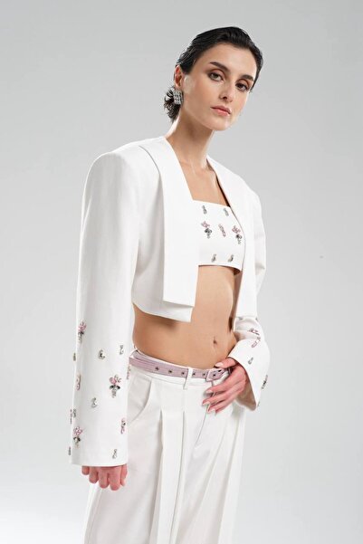 tw3 Women's Cropped Blazer Jacket with Handcrafted Detailing on the Sleeves