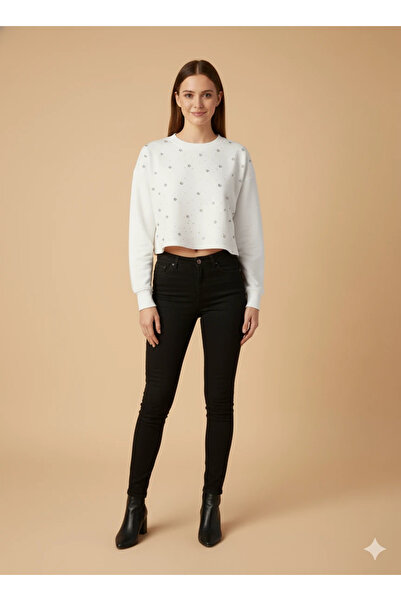 cemo Women Long Sleeve Short Sweater Rhinestone Detailed Crop Top Clothing