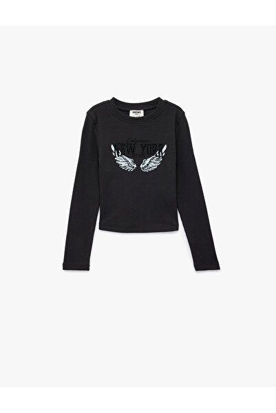 Koton Long Sleeve Stone Detailed Crew Neck Printed T-Shirt