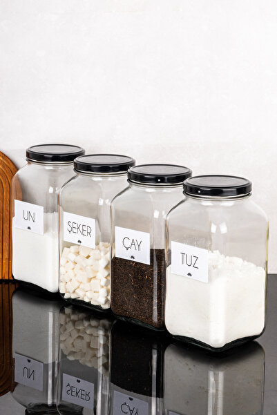 Dolkin Home 4-Piece 3-Liter Jar Set Tea Sugar Flour Salt Labeled 3000 ml Glass Jar Storage Set with Metal Lids