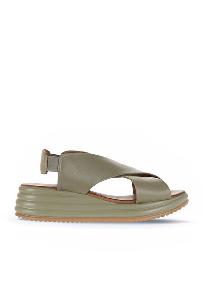 Bueno Shoes Χακί Δερμάτινα Γυναικεία Σανδάλια με Τακούνι 01wy5703