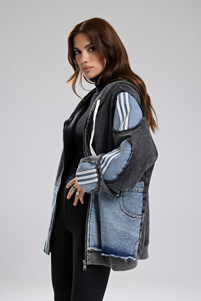 tw3 Jachetă de damă din denim lavabil cu cu secțiuni mâneci detaliu cu dungi supradimensionat cu glugă