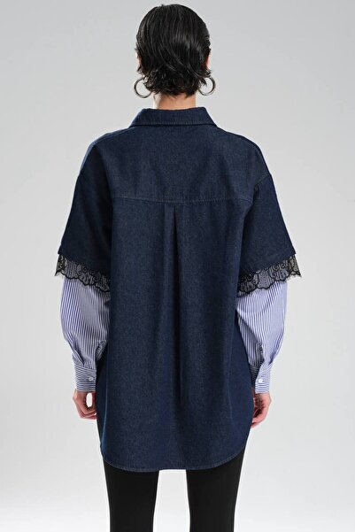 tw3 Cămașă de damă din denim cu mâneci din dantelă și țesătură poplin cu design detaliat