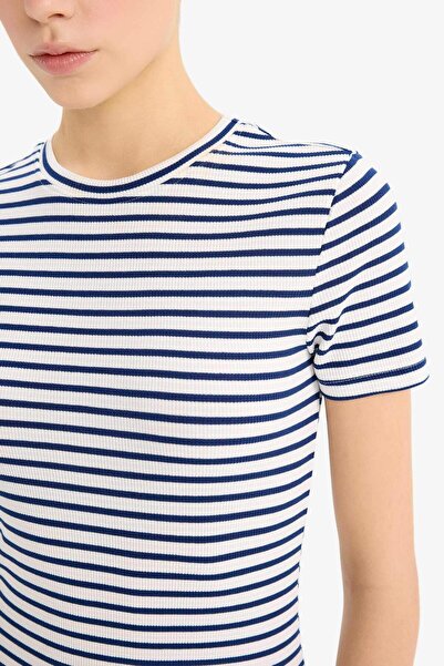 DeFacto Coool Bodycon Rochie mini cu mânecă scurtă, cu guler rotund dungi material reiat tricotaj cu striații (25 SP)