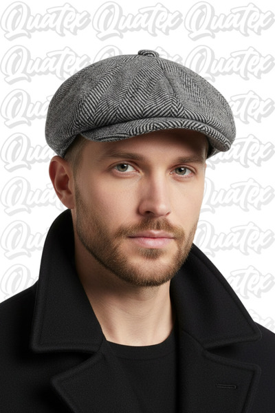 QUATEX Cashmere Beanie British Style Peaky Blinders Black Herringbone Pattern 100% Cashmere with Elastic Back