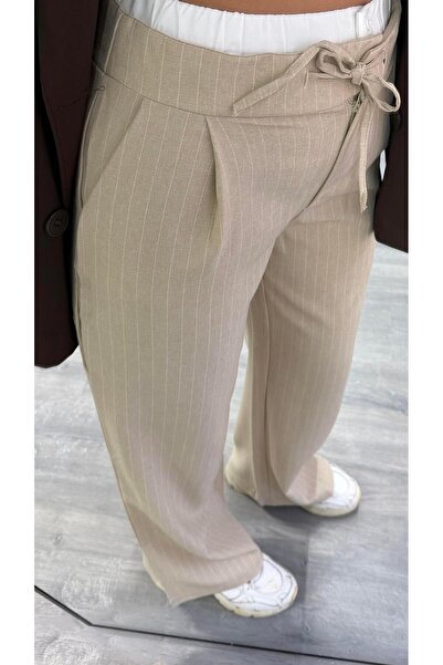 Daves بنطلون بالازو واسع الساقين بتفاصيل مزدوجة عند الخصر ورباط من الخيوط بال...