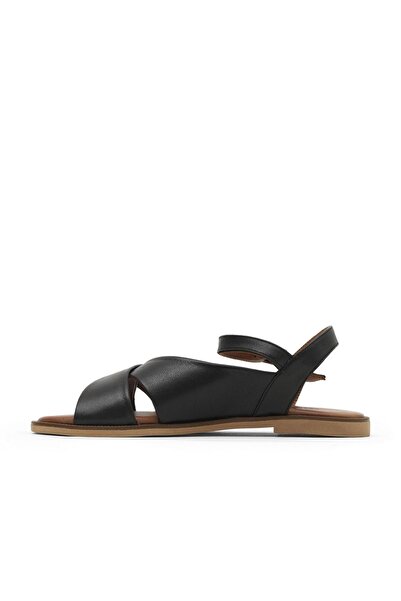 Bueno Shoes Black Khv-Beige Leather Women's Flat Sandals 01Wa5703