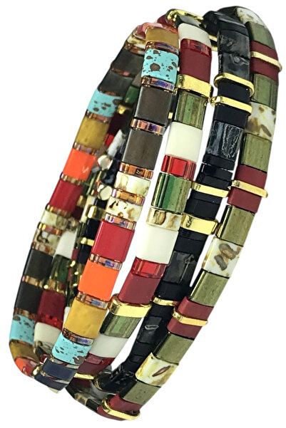 NAZLI TAKILAR مجموعة من 4 أساور مصنوعة يدويًا من خرز الهيماتيت المرن والخرز ا...