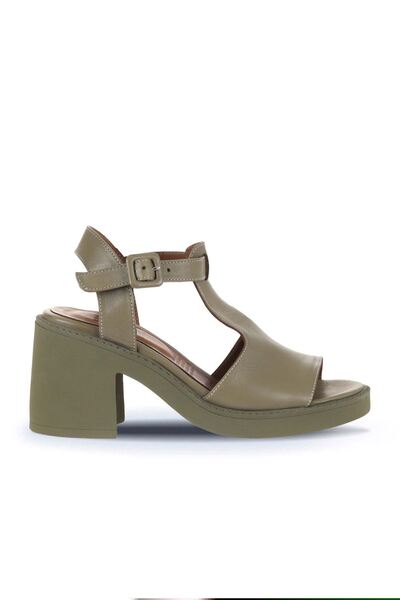 Bueno Shoes Χακί Δερμάτινα Γυναικεία Σανδάλια με Τακούνι 01wa1702