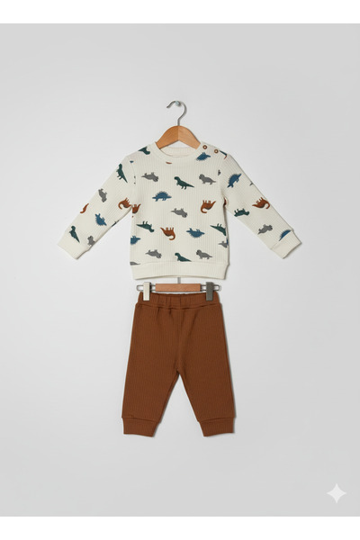 Selvira Dinosaur Patterned Long Sleeve Baby Tracksuit Set - Cotton Winter Bot...