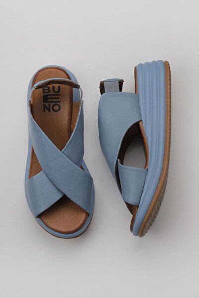 Bueno Shoes Modré kožené dámské sandály na klínovém podpatku - 01wy5703