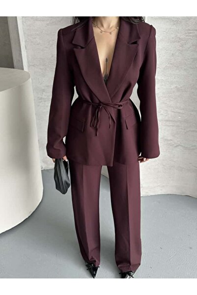 MYGİYİMİSTANBUL Blazer Jacket Wide Leg Pants Set with a Wide Fabric Belt Tied at the Waist