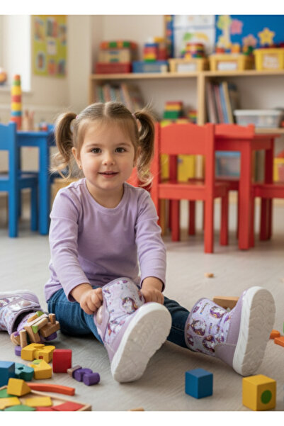 Hızlı Al Unicorn Patterned Girls' & Baby Boots. Fur Inside Girls' Boots. Unicorn Pattern