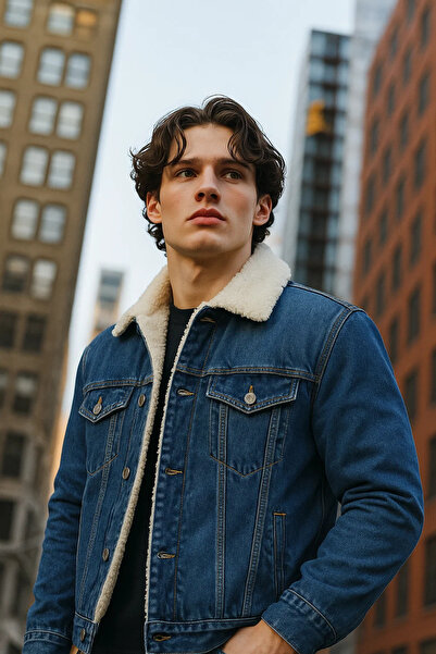 DAMGA JEANS Men's Fur-Lined Polo Collar Blue Denim Coat